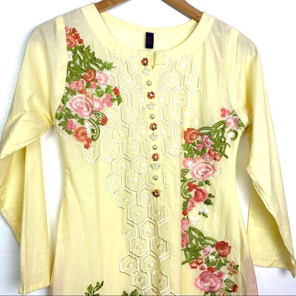 Bend the Trend | Yellow Tunic Blouse Long Sleeve Top Beads Embroidery Tassels - Picture 3 of 11